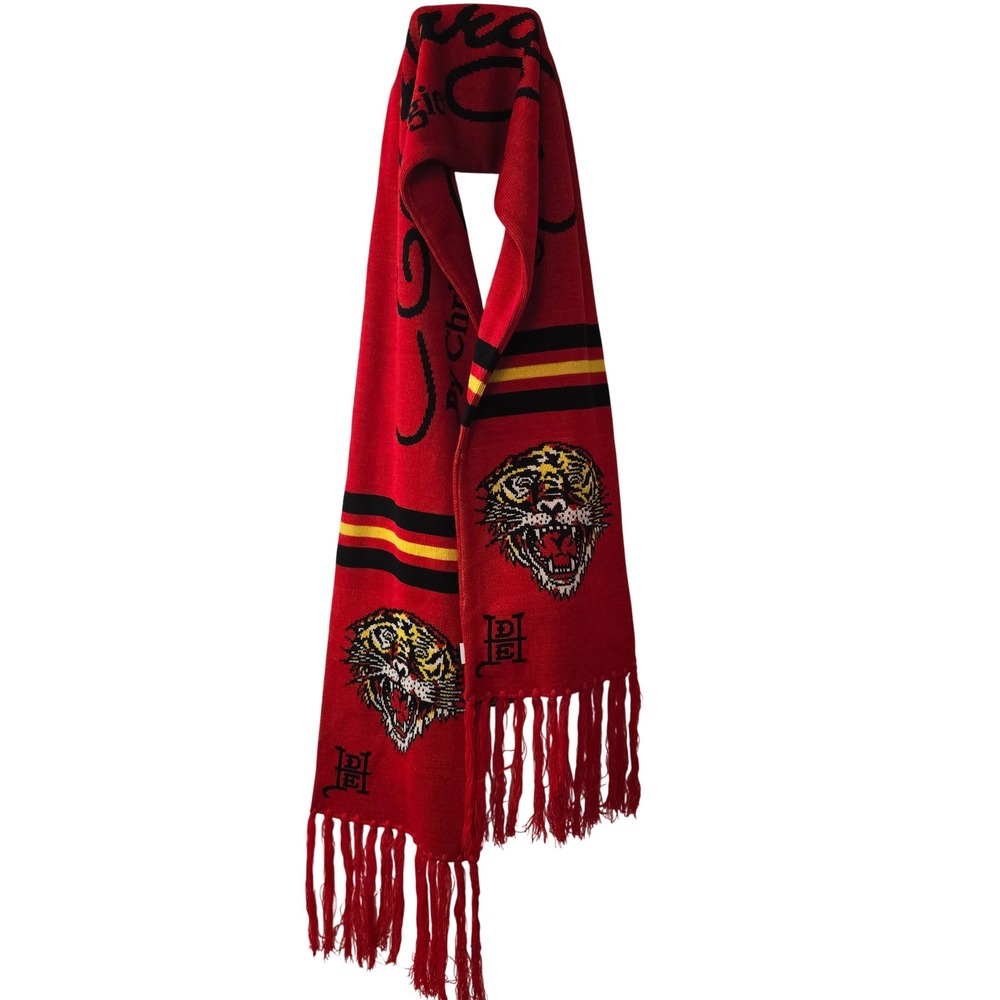 Ed Hardy Christian Audigier Red Tiger Knit Scarf Y2K Streetwear Fringe EHMS6070‎